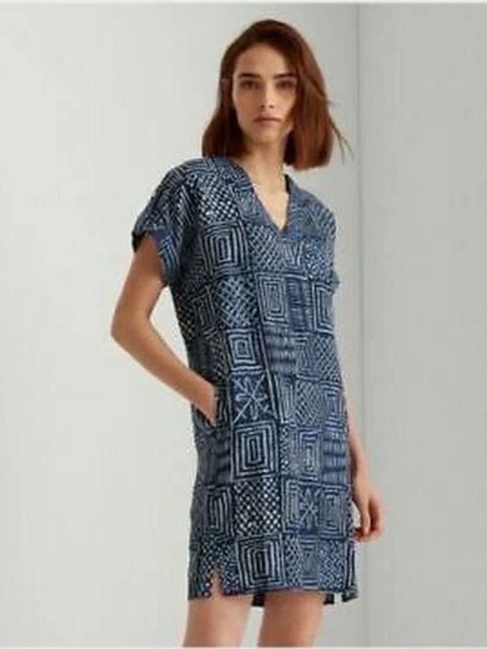 Ralph Lauren Blue and White Geometric Shift Dress 100% linen